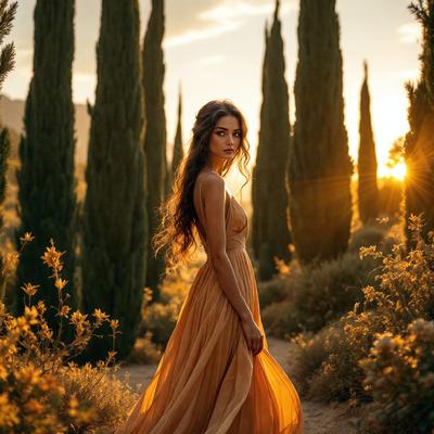 The primary subject of the image is a woman wearing a yellow dress, standing in a forest with tall trees. The setting is a sunny day, and the visual style appears to be a photo. The colors in the image are predominantly warm and natural, creating a serene and peaceful atmosphere.